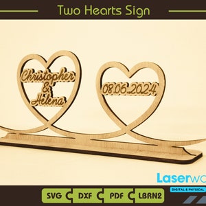 Two Hearts Sign - Digital file for Laser Cutting, Glowforge etc. - svg files - pdf files - dxf files - Lightburn files - Glowforge files -