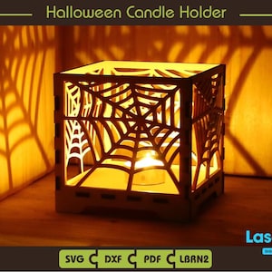 Świecznik na Halloween Pajęczyna, Latarnia na herbatę, Plik cyfrowy, SVG, pdf, lbrn2, Pliki Lightburn, Pliki Glowforge, Pliki do cięcia, Shadow Box