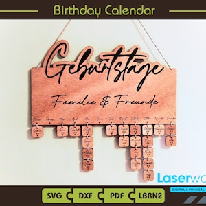 Family Birthday Calendar Laser Cut File: SVG, PDF, DXF, LBRN2 (Digital Download)