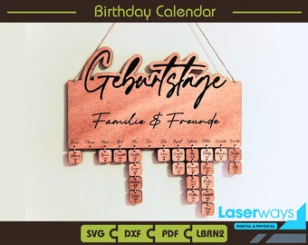 Family Birthday Calendar Laser Cut File: SVG, PDF, DXF, LBRN2 (Digital Download)