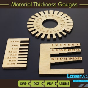 Materiaaldiktemeters, houtdiktemeters in mm, sleuftester, lasergesneden, SVG, klaar voor glowforge, digitaal bestand, LightBurn-bestand