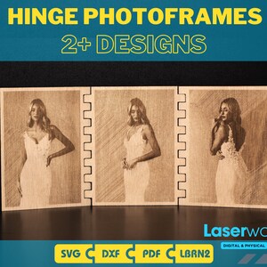 May include: Three wooden photo frames with a hinge design. Each frame features a black and white image of a woman wearing a dress. The frames are labeled "HINGE PHOTOFRAMES" and "2+ DESIGNS".