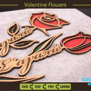 Valentijn bloemen, roos en tulp, digitaal bestand voor lasersnijden, svg-bestand, pdf-bestand, Lightburn-bestand, Glowforge-bestanden, lettertype inbegrepen