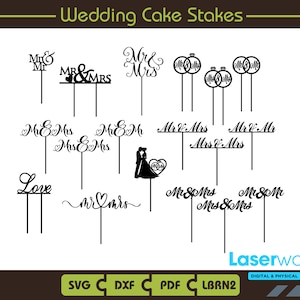 ケーキ トッパー、Mr & Mrs バンドル ケーキ トッパー SVG、ケーキ トッパー レーザー カット、バンドル、SVG、ウェディング ケーキ トッパー、Mr and Mrs、Lightburn ファイル