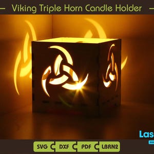 Candelabro de tres cuernos vikingo, farolillo para té, archivo digital, SVG, pdf, lbrn2, dxf, archivos Lightburn, archivos Glowforge, archivos de corte