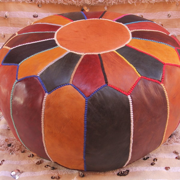 Colorful round leather pouf, Moroccan Berber pouf, ottoman with embroidery