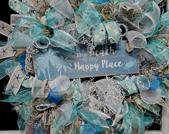 The Beach is my Happy Place, Beachy wreath,  Ocean wreath, nautical wreath,welcomewreath, seashell wreath, summer wreath, beach lover wreath