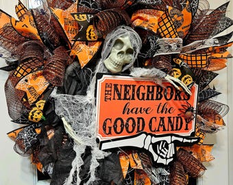 Skeleton Halloween Wreath: Skeleton 'Good Candy' Door Decor