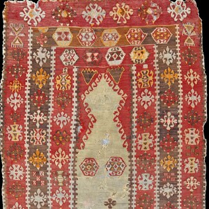 Antiker türkischer Gebetsteppich: 1890er Geometrischer Wollteppich (3'6 '' x 6'1 '')