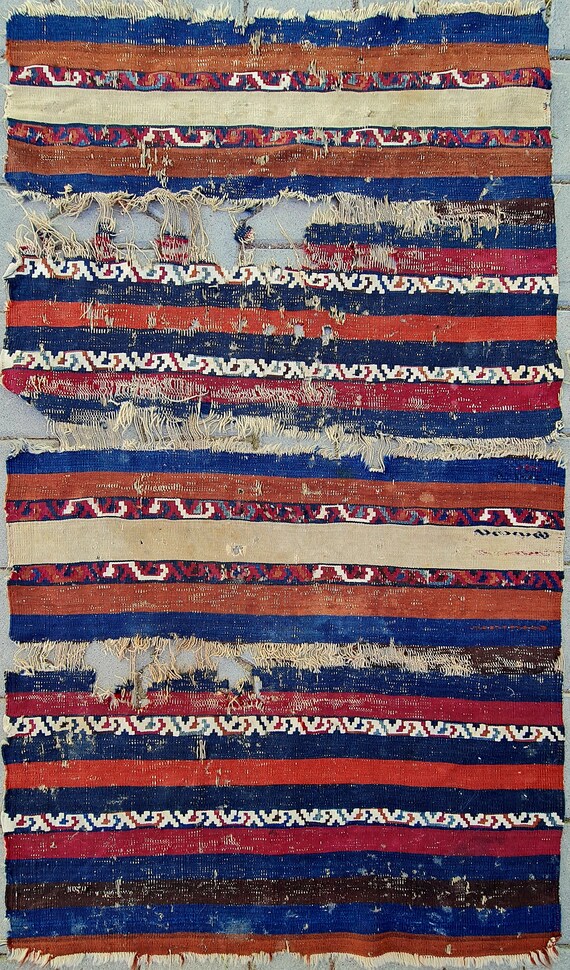 Antique Turkish Rug 2x5: Handmade Wool Fragment from 1800s