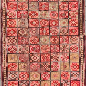 Antique Anatolian Wool Rug: Geometric Holbein Design, 1880s
