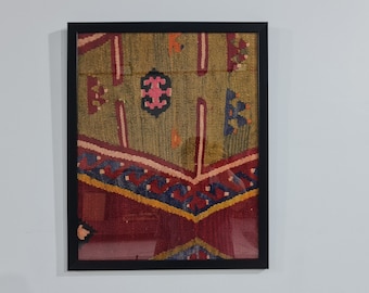 Framed Turkish Kilim Rug, Vintage Wool Wall Art, Rustic Decor
