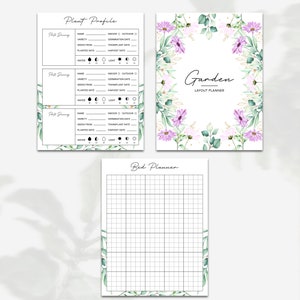 May include: Printable garden planner with a floral design. The planner includes sections for plant profiles, a bed planner, and a garden layout planner. The floral design features purple and white flowers with green leaves.
