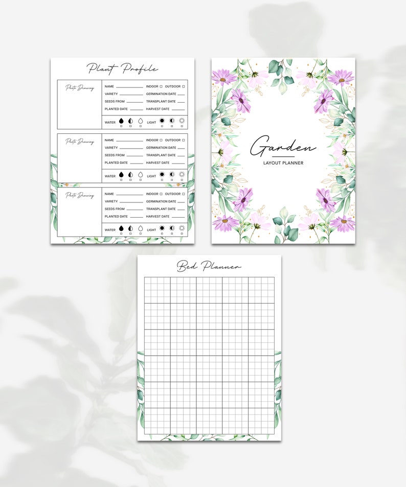 May include: Printable garden planner with a floral design. The planner includes sections for plant profiles, a bed planner, and a garden layout planner. The floral design features purple and white flowers with green leaves.