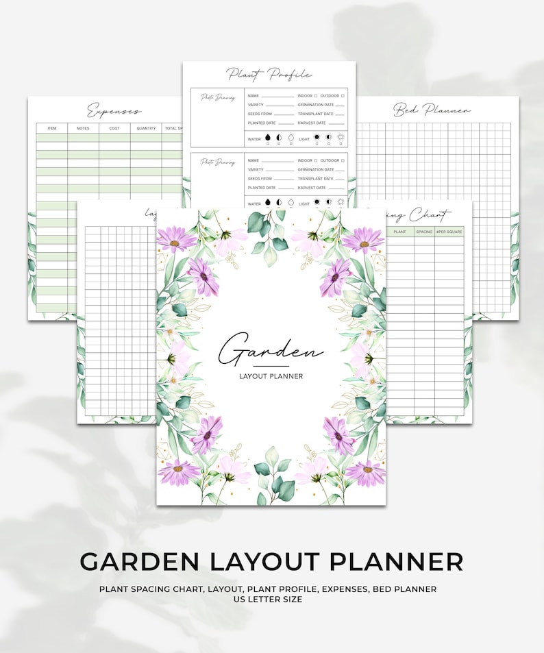 May include: Printable garden planner with a floral design. The planner includes sections for expenses, plant profiles, a bed planner, and a plant spacing chart. The text "Garden Layout Planner" is at the bottom of the page.