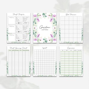May include: Printable garden planner with floral illustrations. The planner includes sections for plant profiles, spacing charts, bed layouts, and expenses.
