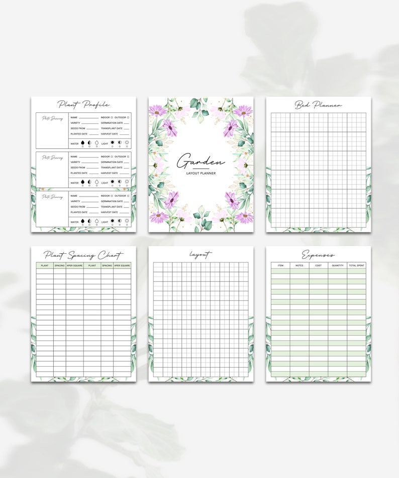 May include: Printable garden planner with floral illustrations. The planner includes sections for plant profiles, spacing charts, bed layouts, and expenses.