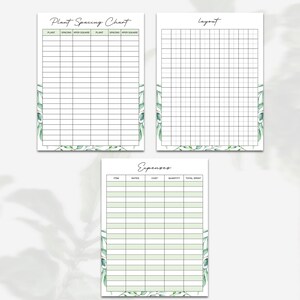 May include: Printable garden planner with three sections: Plant Spacing Chart, Layout, and Expenses. Each section has a grid with headings and lines for writing.