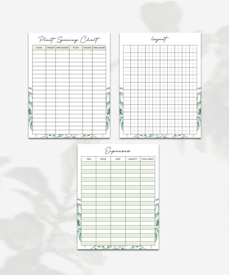 May include: Printable garden planner with three sections: Plant Spacing Chart, Layout, and Expenses. Each section has a grid with headings and lines for writing.