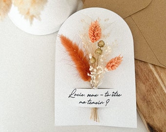 Carte florale demande témoin, demoiselle d'honneur mariage, marraine, fleurs séchées