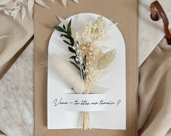 Carte florale demande témoin, demoiselle d'honneur mariage, marraine, fleurs séchées