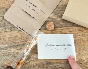 Fiole à message / Demande témoin / Demande marraine / Annonce naissance / Annonce mariage, papi mamie / Fleurs séchées / Cadeau personnalisé
