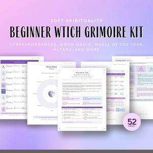 May include: A beginner witch grimoire kit with 52 pages, featuring soft spirituality themes. The kit includes information on correspondences, moon magic, the wheel of the year, and altars. The text is displayed on white pages with purple accents.