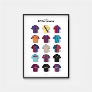 Poster del Barcellona: stampa digitale di maglie iconiche, arte calcistica retrò, download immediato, arte murale del Barcellona, opera d'arte calcistica, regalo di calcio