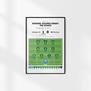 May include: A framed poster with a black border displays a soccer match graphic. The text "SENEGAL SILENCE RABAT: THE KINGS!" is at the top. The score is Senegal 1 - 0 Morocco. The graphic shows the team lineups on a green field.