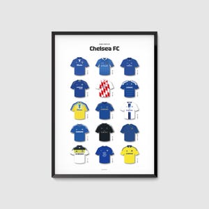 Poster Chelsea, impression numérique de chemises emblématiques, art football rétro, téléchargement immédiat, mur du Chelsea FC, oeuvre d'art football, cadeau de fan