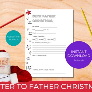 Carta de Querido Papá Noel - Lista de Papá Noel para colorear para niños imprimible - Página para colorear para niños Carta a Papá Noel - PDF imprimible