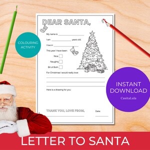 Carta de Querido Papá Noel - Lista de Papá Noel para colorear para niños imprimible - Página para colorear para niños Carta a Papá Noel - PDF imprimible