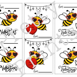 May include: Valentine's Day cards featuring cartoon bees wearing heart-shaped sunglasses. The cards have the text "Happy Valentine's Day" and "be my valentine". Each card has a space to write "from:"