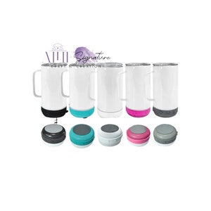 May include: White insulated mugs with handles and silver lids, paired with small, round speakers in various colors. The mugs have a sleek design, and the speakers come in black, teal, white, pink, and gray. The image includes the text "AIIE Signature Craft N Creation".