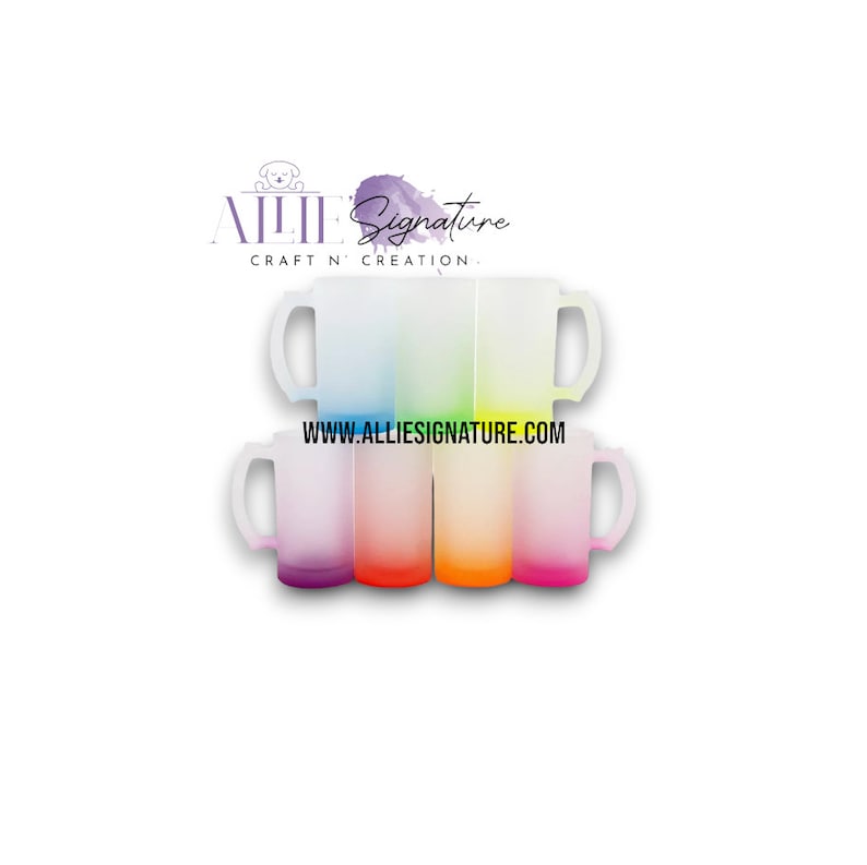May include: Set of six ombre colour changing mugs with white handles. The mugs are stacked in a pyramid shape. The colours are blue, green, yellow, orange, red, and purple. The mugs are frosted glass and have a gradient effect. The text "www.alliesignature.com" is printed on the bottom of the stack of mugs.