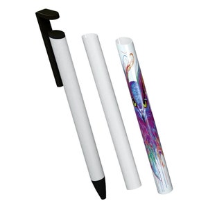 May include: A white stylus with a black clip and tip, alongside two white stylus sleeves. One sleeve features a colorful owl design with blue, purple, and green hues. The stylus is designed for use with touch screen devices.