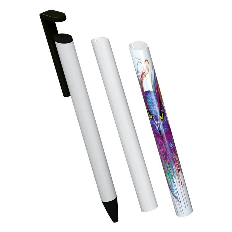 May include: A white stylus with a black clip and tip, alongside two white stylus sleeves. One sleeve features a colorful owl design with blue, purple, and green hues. The stylus is designed for use with touch screen devices.