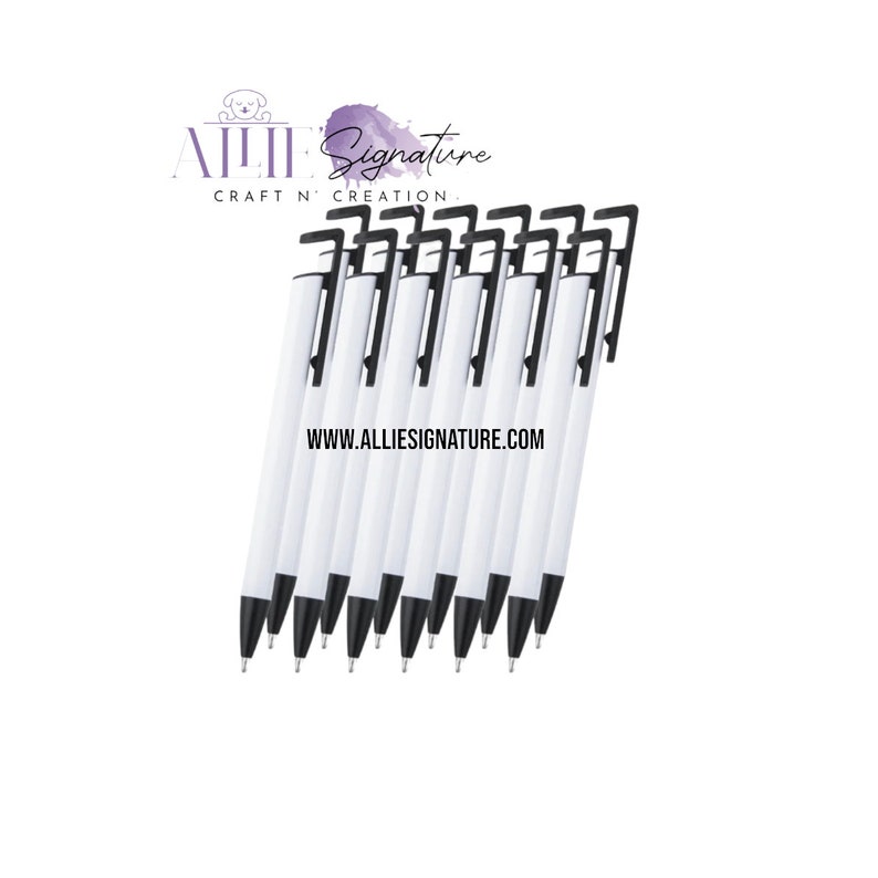 May include: A collection of white pens with black accents, arranged diagonally against a white background. Each pen has a black clip and tip. The text "ALLIE Signature CRAFT 'N' CREATION" and website address are visible.