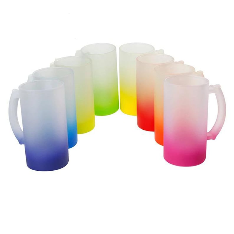 May include: Set of eight frosted glass beer mugs with ombre colour gradients. The mugs are arranged in a semi-circle, with the colours ranging from blue to pink.