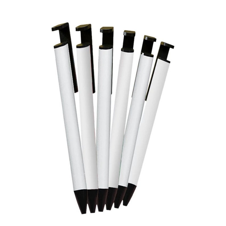 May include: A collection of white pens with black accents. The pens have a sleek design, featuring a white barrel, black clip, and black tip. The pens are arranged in a slightly fanned-out pattern against a white background.