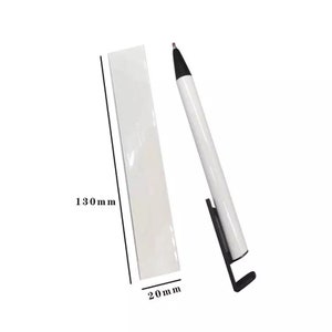 May include: A white pen with a black tip and clip, next to a white rectangular object. The pen is angled, and the rectangular object is 130mm long and 20mm wide.