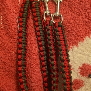 May include: A red and green paracord leash with two silver swivel clips.