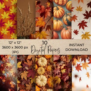 Fall Digital Paper, Autumn Leaves Patterns, Fall Backgrounds, Neutral Autumn Patterns, Pumpkin Digital Paper, Scrapbook Paper Set