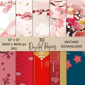 Carta digitale cinese, modello asiatico di Capodanno, simboli cinesi vintage, trama di fiori in porcellana, carta di giornale spazzatura, carta geisha