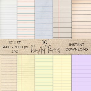 Papel para cuaderno de rayas anchas para descargar en formato digital, papel escolar con rayas en color, descarga instantánea en formato JPG, papel imprimible en formato PDF