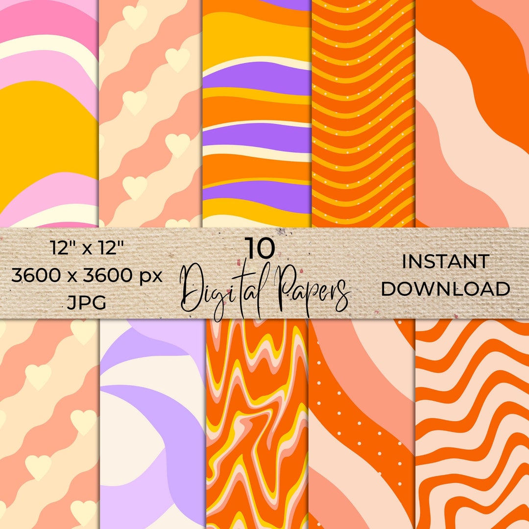 Retro Digital Paper Pack, Floral Pattern Heart Digital Paper, Seventies ...