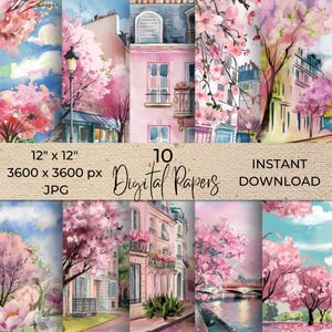 Könnte beinhalten: Zehn digitale Papiere mit Aquarell-Illustrationen von Pariser Gebäuden mit rosa Kirschblüten. Die Papiere sind 30,48 cm x 30,48 cm groß und haben eine Auflösung von 3600 Pixel x 3600 Pixel.