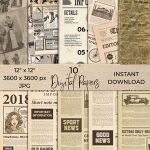 Old Newspapers Digital Paper, Old Paper Textures, 10 Designs 12in x 12in, INSTANT DOWNLOAD