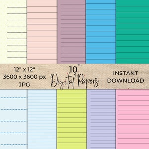 Notebook Paper Lined Wide Ruled Digital Download, Color School Lined Paper JPG Instant Download, PDF Printable Paper