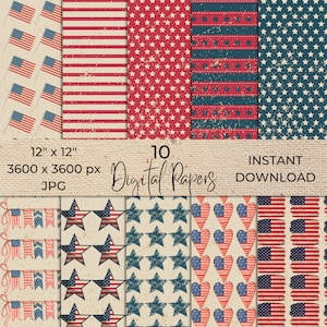 American Digital Paper Pack, Vintage American Red & White Blue, Independence Memorial Day Stars and Stripes Scrapbook Backgrounds
